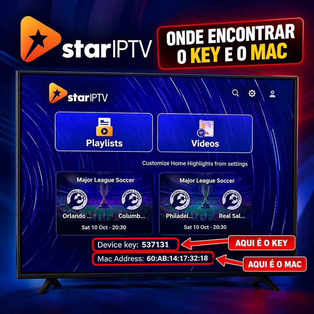 Tela do Star IPTV mostrando a Device key e o Mac Address